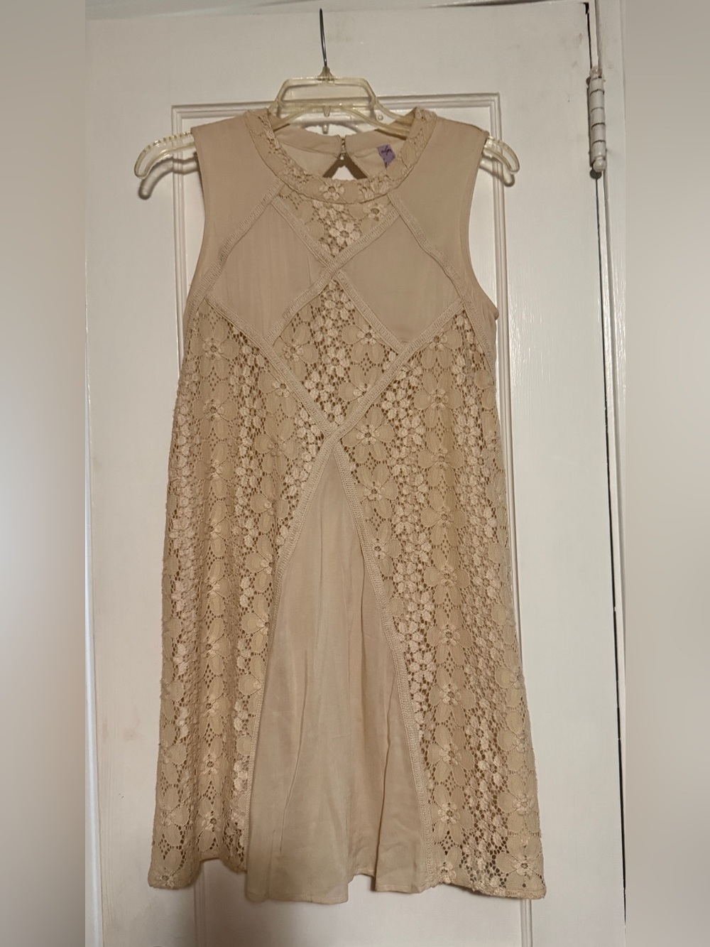 Alya Beige Lace Panel Sleeveless Dress